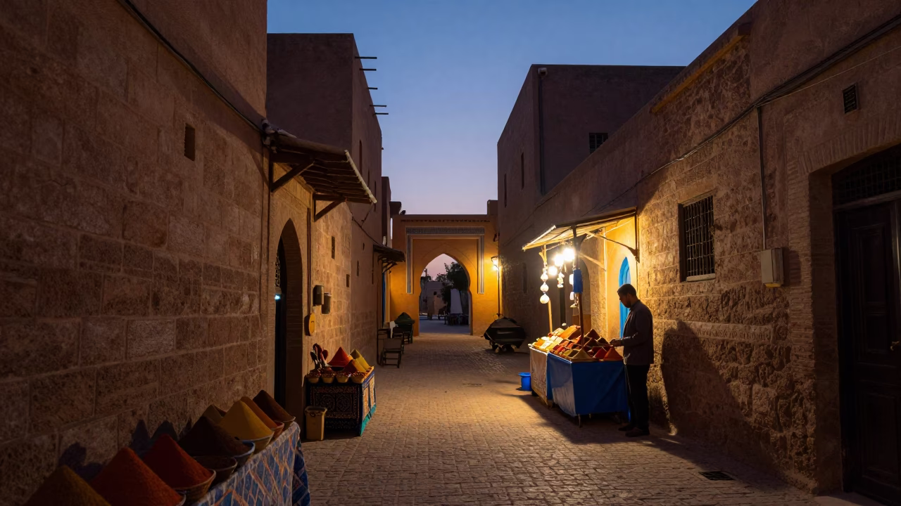 Twilight street scene in Fez Morocco with spice jars and traditional architecture in in Fez, Morocco