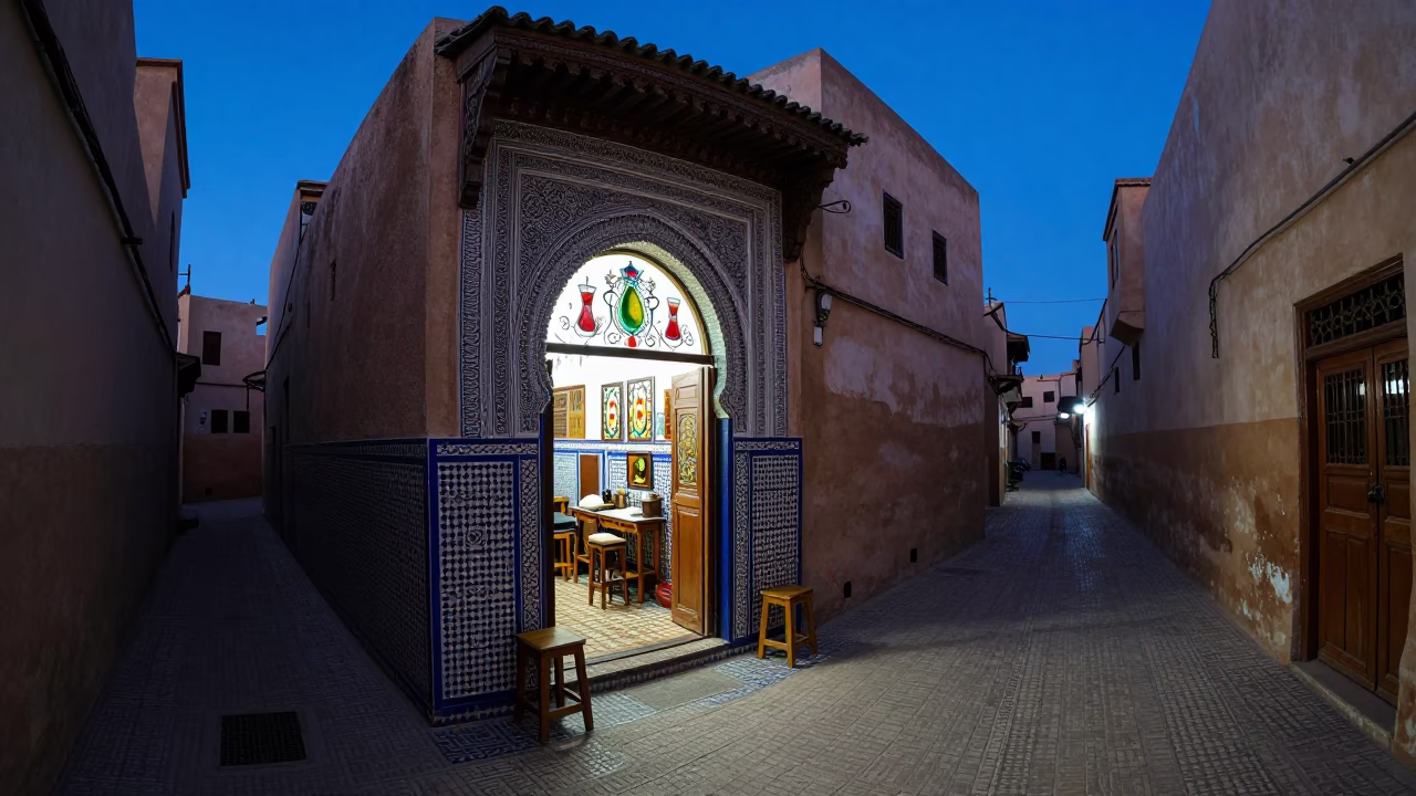 Twilight Street Scene in Fez Morocco with Tea Stains on Mirror and Stool in in Fez, Morocco