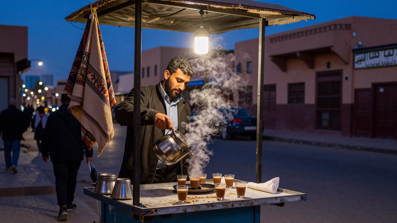 Twilight street scene in Fez Morocco with tea vendor and hanging laundry in in Fez, Morocco