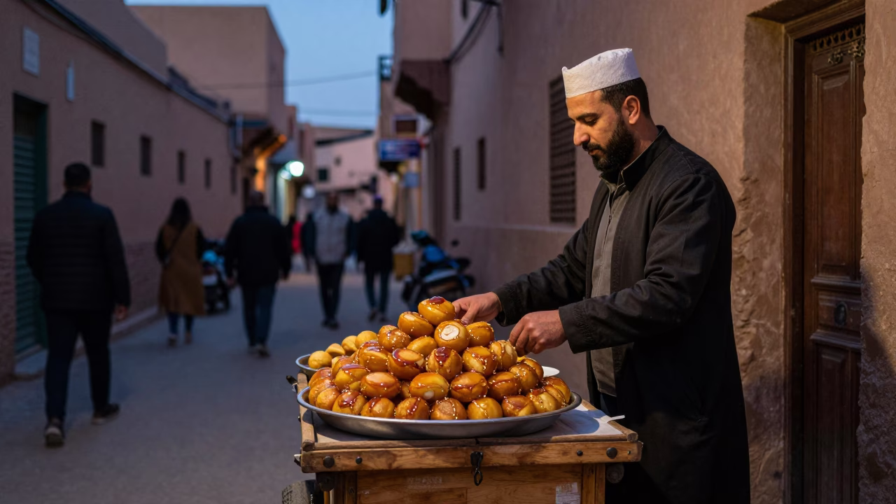 Twilight Street Scene in Fez Morocco with Traditional Food and Local Life in in Fez, Morocco