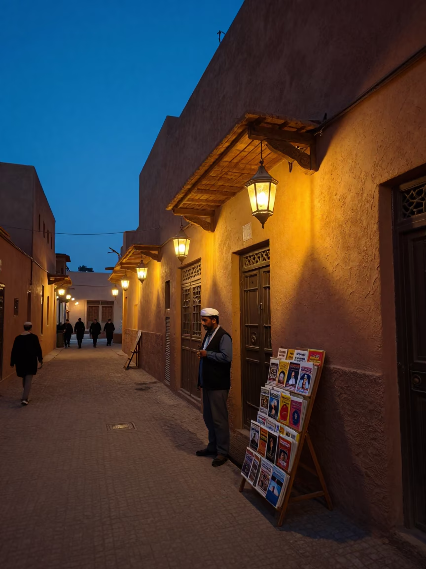 Twilight Street Scene in Fez Morocco with Traditional Lanterns and Local Commerce in in Fez, Morocco