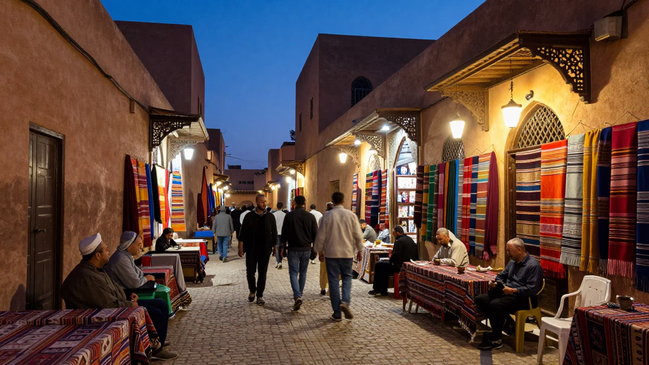 Twilight Street Scene in Fez Morocco with Traditional Tea and Key in in Fez, Morocco