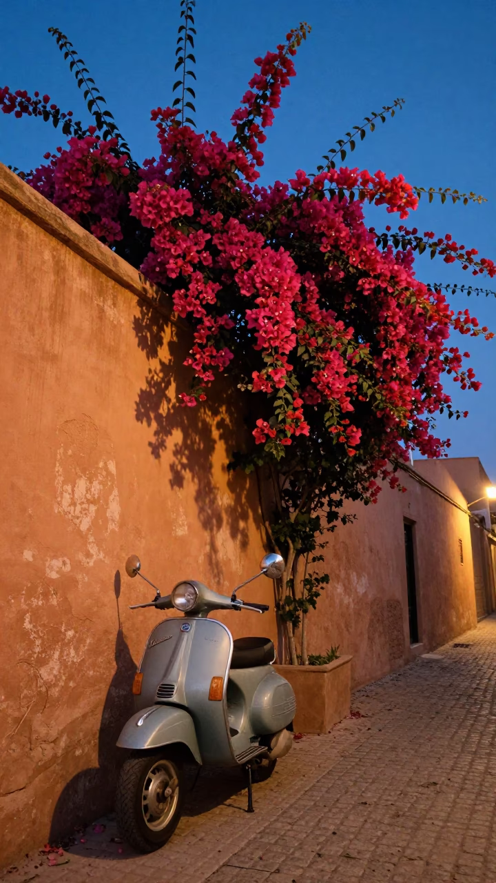 Twilight Street Scene in Fez Morocco with Vintage Vespa and Bougainvillea in in Fez, Morocco