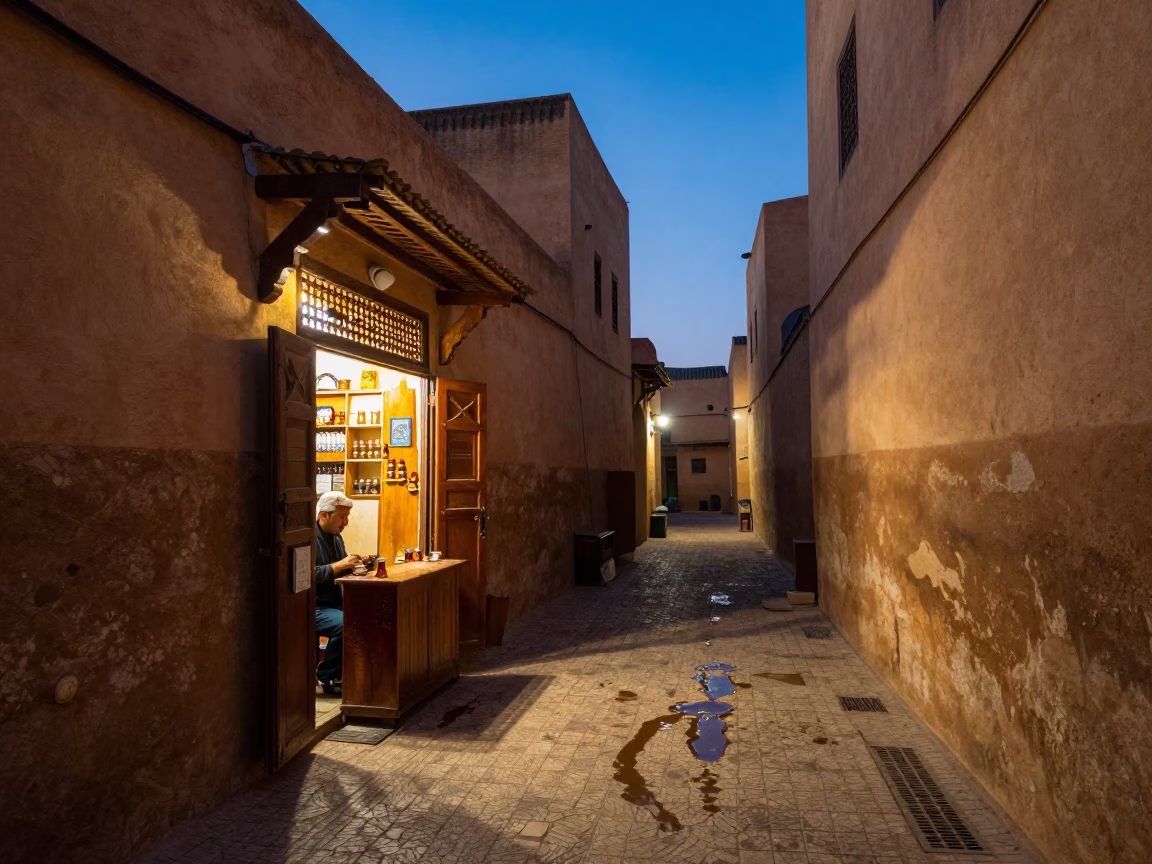 Twilight Street Scene in Fez Morocco with Water Stains and Tea Stains in in Fez, Morocco