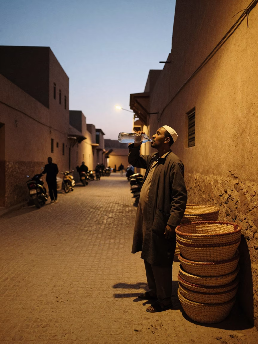 Twilight Street Scene in Fez Morocco with Watering Bottle and Local Commerce in in Fez, Morocco