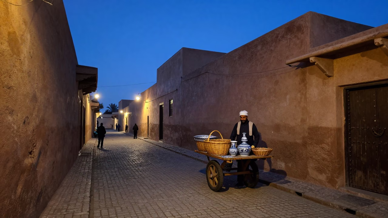 Twilight Street Scene in Fez Morocco with Wicker Basket and Porcelain Jars in in Fez, Morocco