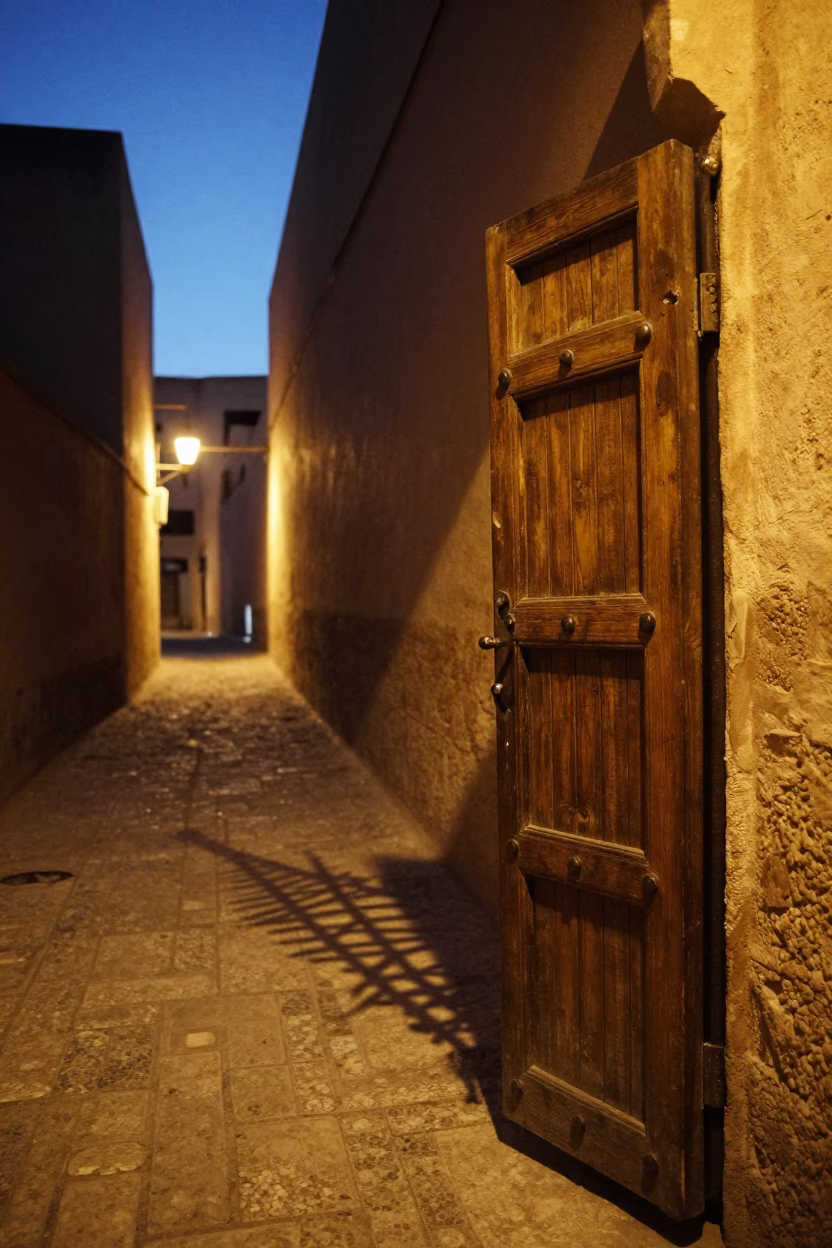 Twilight Street Scene in Fez Morocco with Wicker Shadow and Gate Handle in in Fez, Morocco