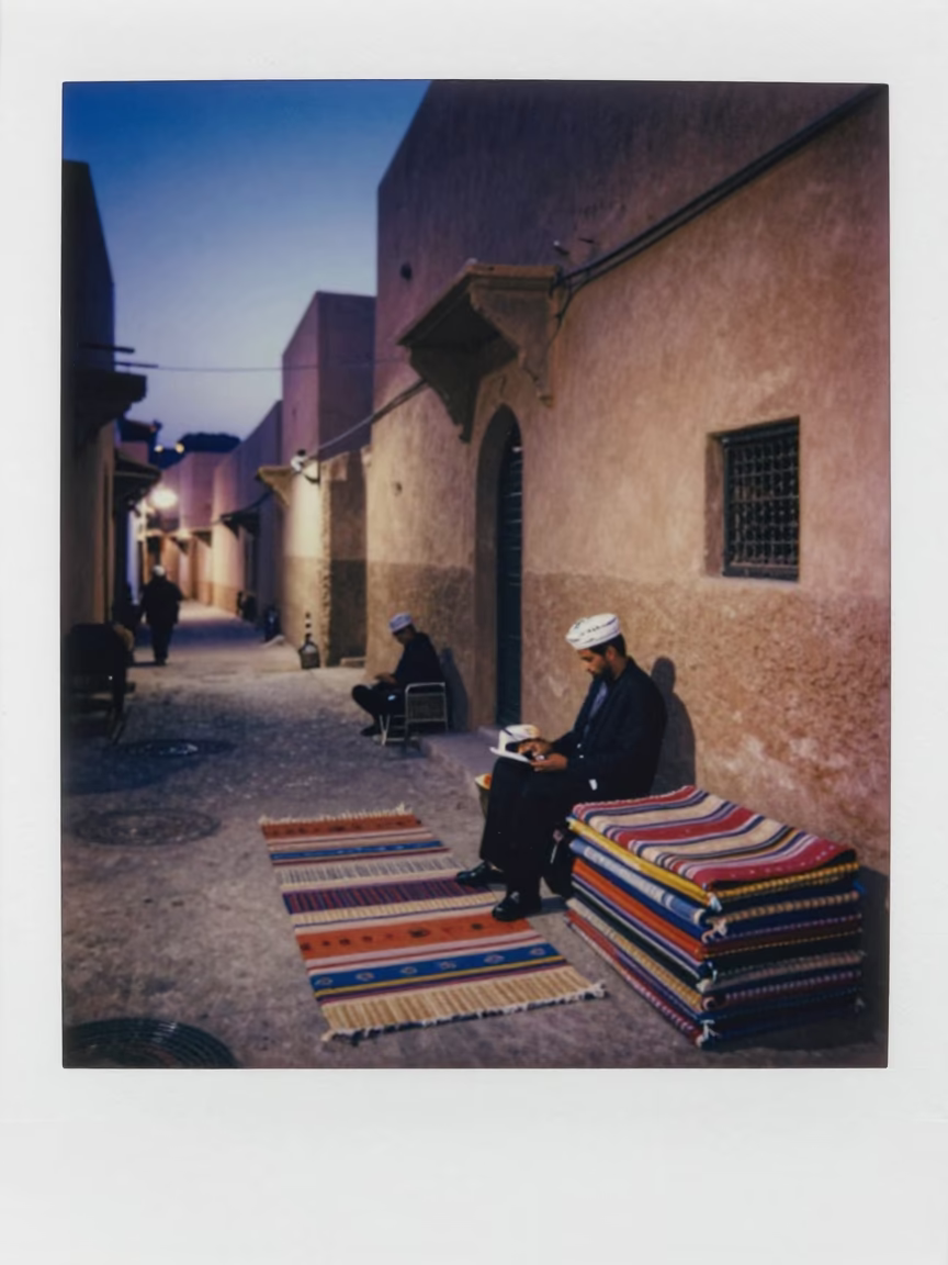Twilight Street Scene in Fez Morocco with Woven Mats and Local Life in in Fez, Morocco