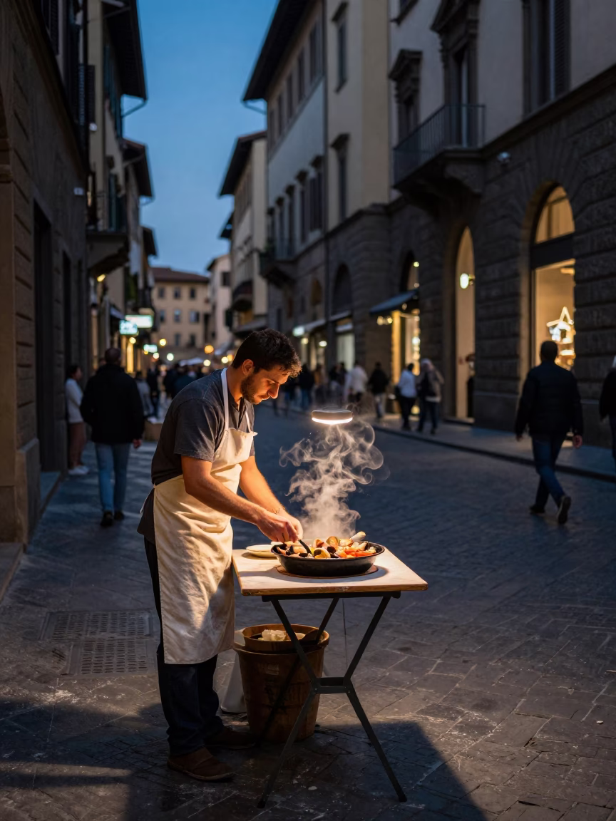 Twilight Street Scene in Florence Italy with Apron and Cioppino in in Florence, Italy