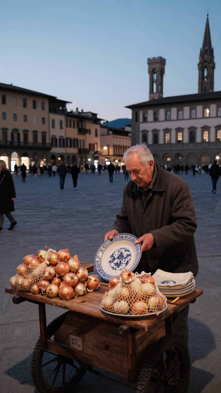 Twilight Street Scene in Florence Italy with Ceramic Plate and Onions in in Florence, Italy