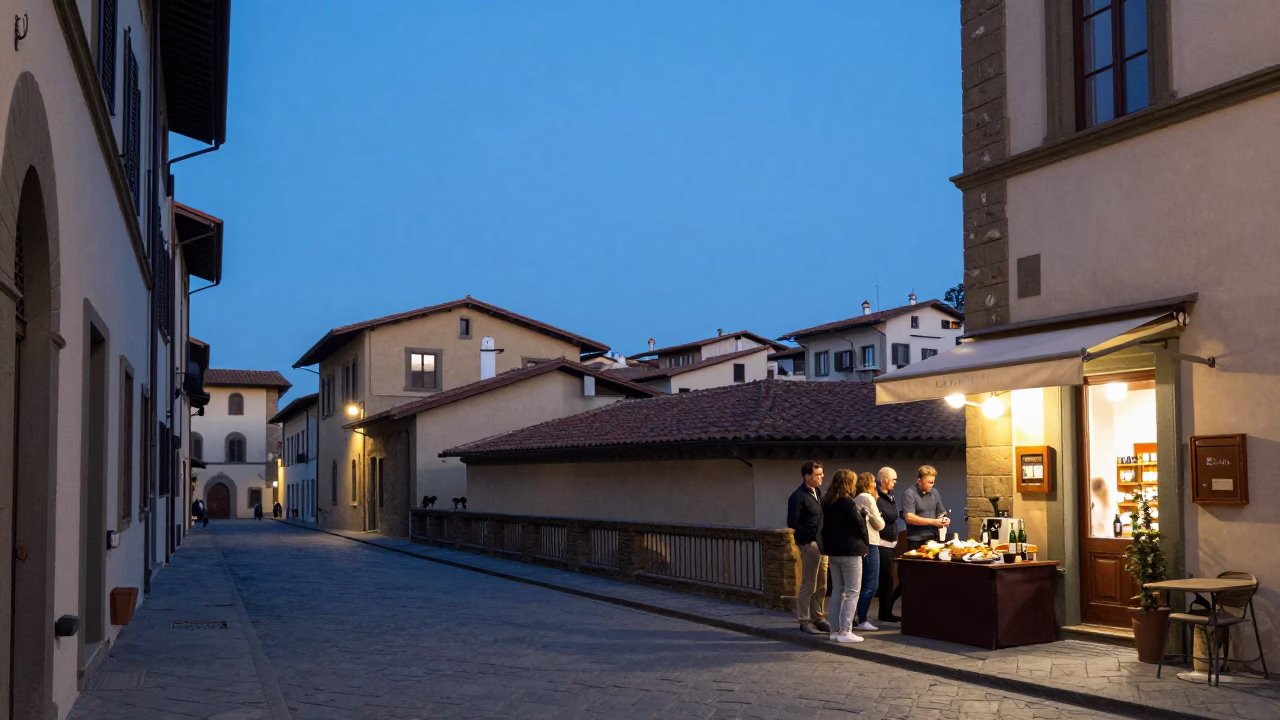 Twilight Street Scene in Florence Italy with Charcuterie and Bottle in in Florence, Italy