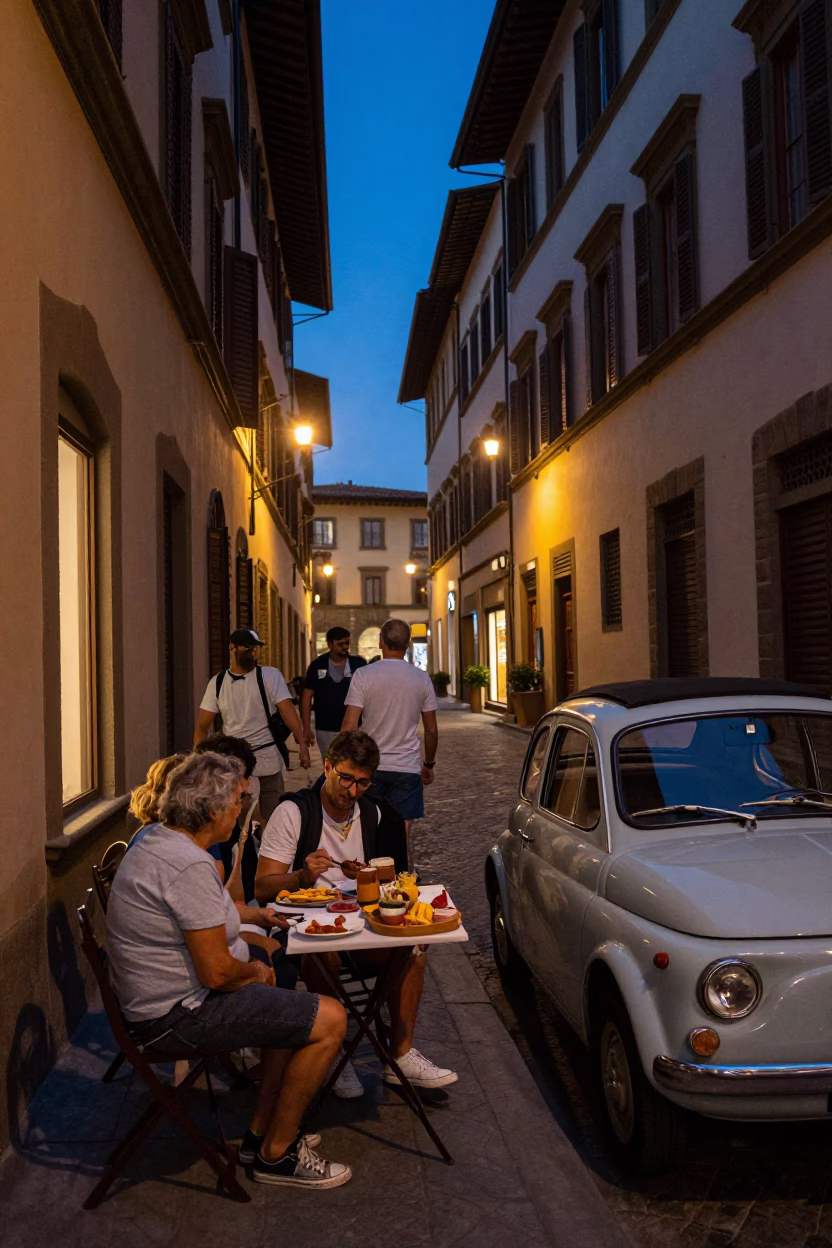 Twilight Street Scene in Florence Italy with Charcuterie and Vintage Car in in Florence, Italy