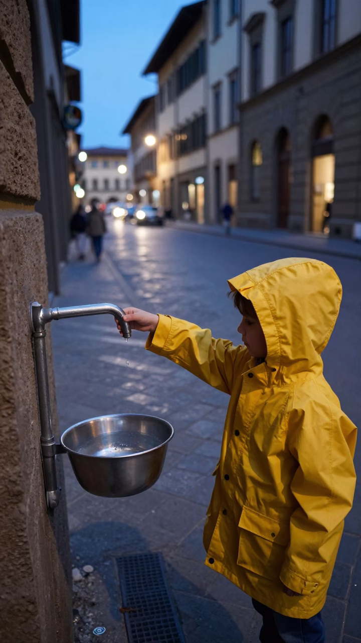 Twilight Street Scene in Florence Italy with Child Holding Condensation on Handle in in Florence, Italy