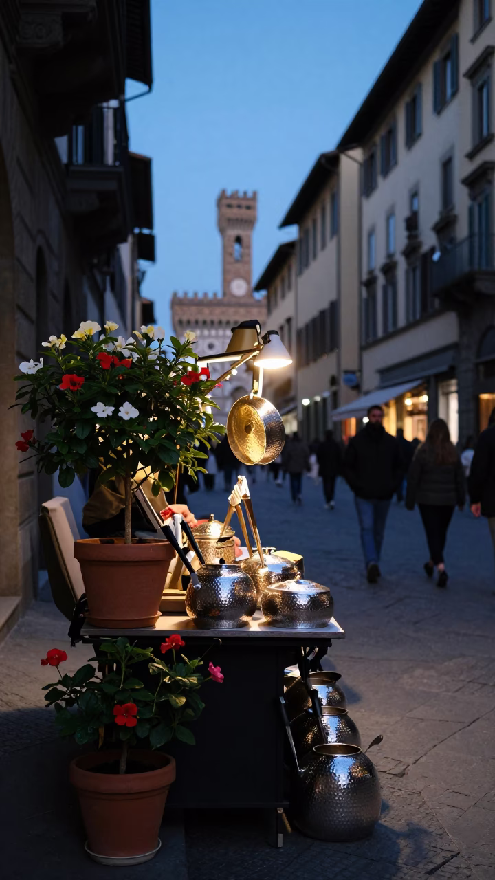 Twilight Street Scene in Florence Italy with Flowering Plant and Hammered Metal in in Florence, Italy
