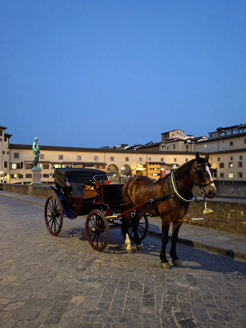 Twilight street scene in Florence Italy with horse drawn cart and cobblestone streets in in Florence, Italy