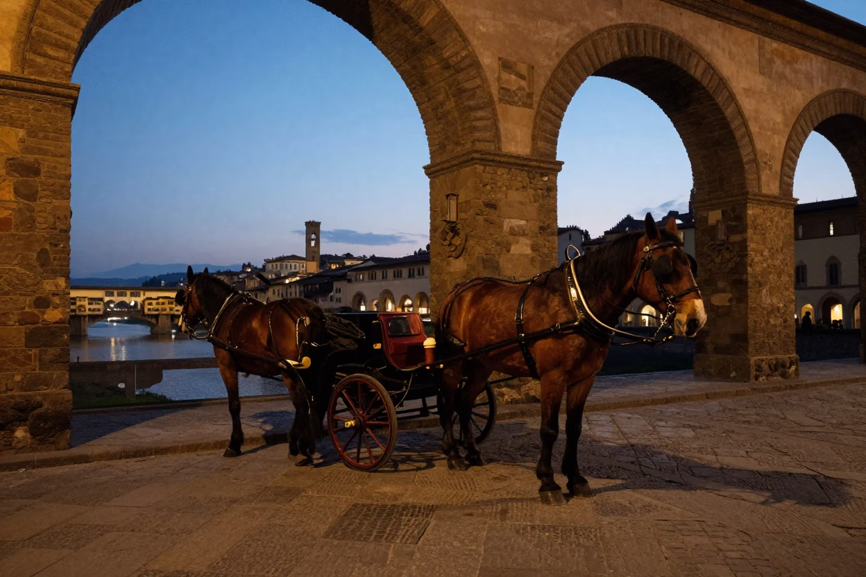 Twilight Street Scene in Florence Italy with Horse Drawn Cart on Cobblestones in in Florence, Italy