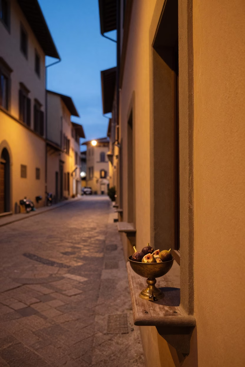 Twilight Street Scene in Florence Italy with Key Bowl and Fig Vendor in in Florence, Italy