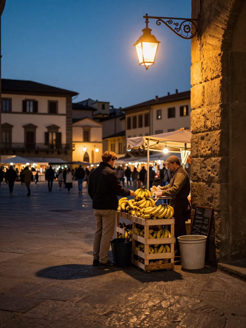 Twilight Street Scene in Florence Italy with Lantern and Local Interaction in in Florence, Italy