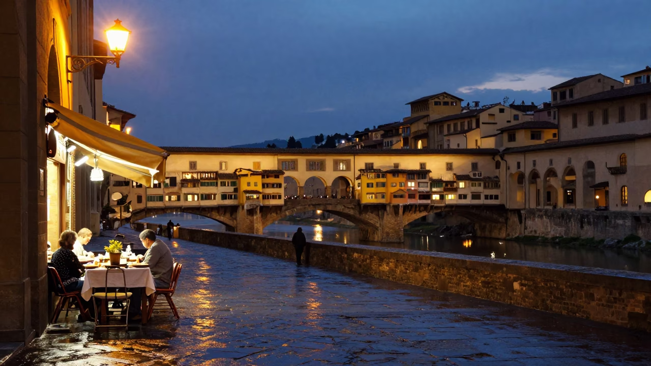 Twilight Street Scene in Florence Italy with Local Dining and Linen Details in in Florence, Italy