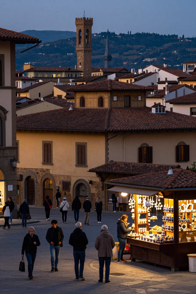 Twilight Street Scene in Florence Italy with Pedestrians and Historic Architecture in in Florence, Italy
