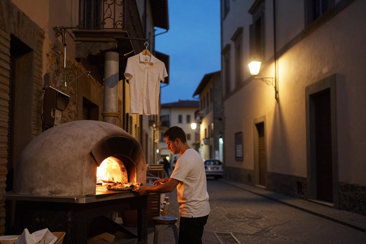 Twilight Street Scene in Florence Italy with Pizza Oven and Urban Details in in Florence, Italy