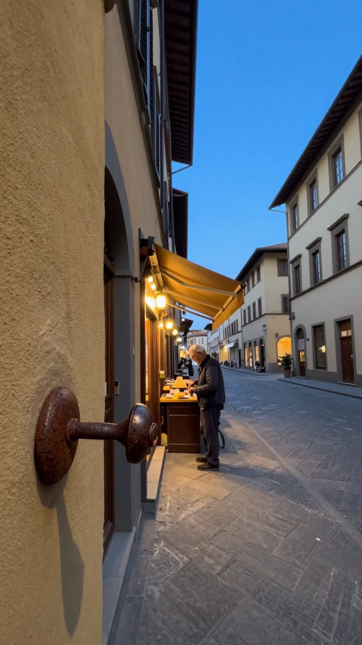 Twilight Street Scene in Florence Italy with Rustic Doorknob Detail and Evening Ambiance in in Florence, Italy