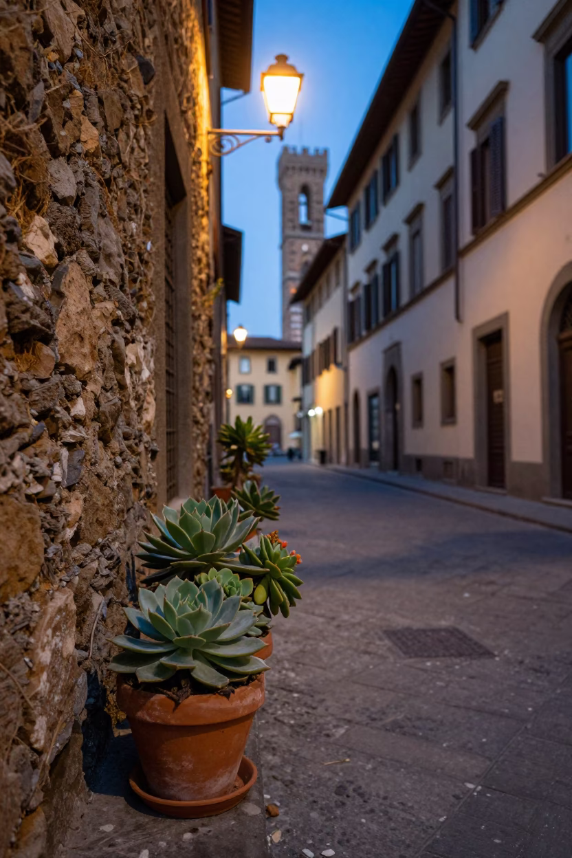 Twilight Street Scene in Florence Italy with Succulents and Urban Details in in Florence, Italy