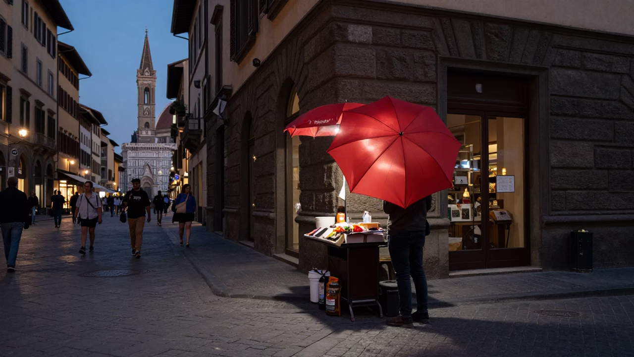 Twilight Street Scene in Florence Italy with Umbrella Vendor and Local Passerby in in Florence, Italy