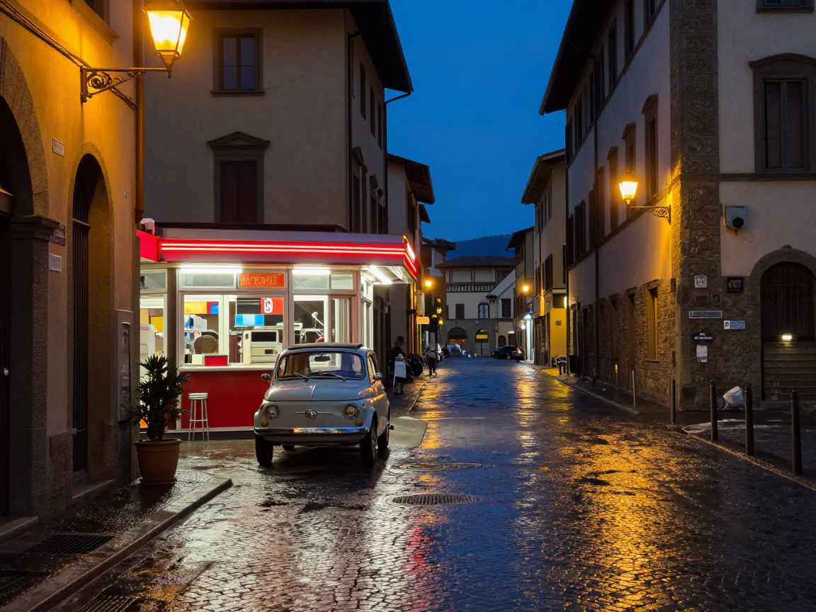 Twilight Street Scene in Florence Italy with Vintage Car and Local Dining in in Florence, Italy