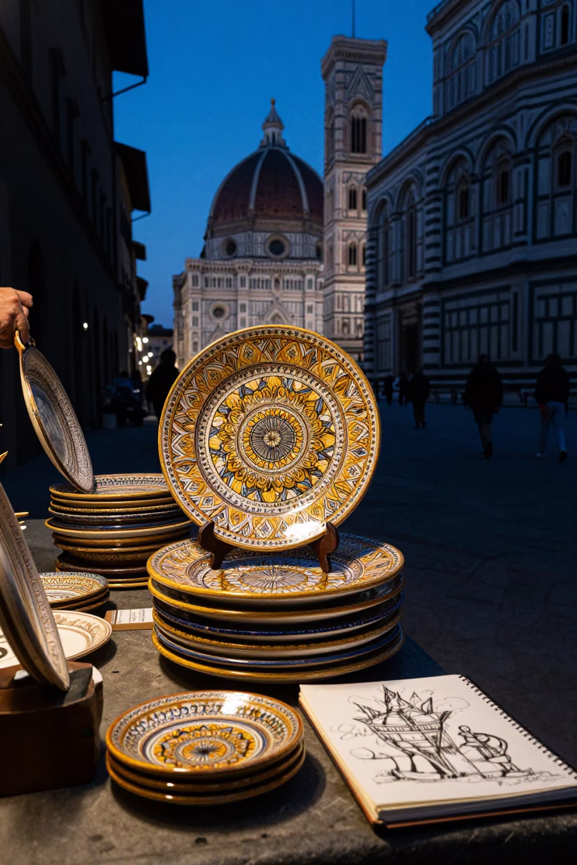 Twilight Street Scene in Florence Italy with Vintage Majolica Plate and Sketchbook in in Florence, Italy