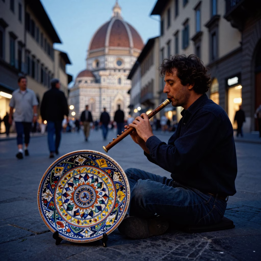 Twilight Street Scene in Florence Italy with Vintage Majolica Plate and Wooden Flute in in Florence, Italy