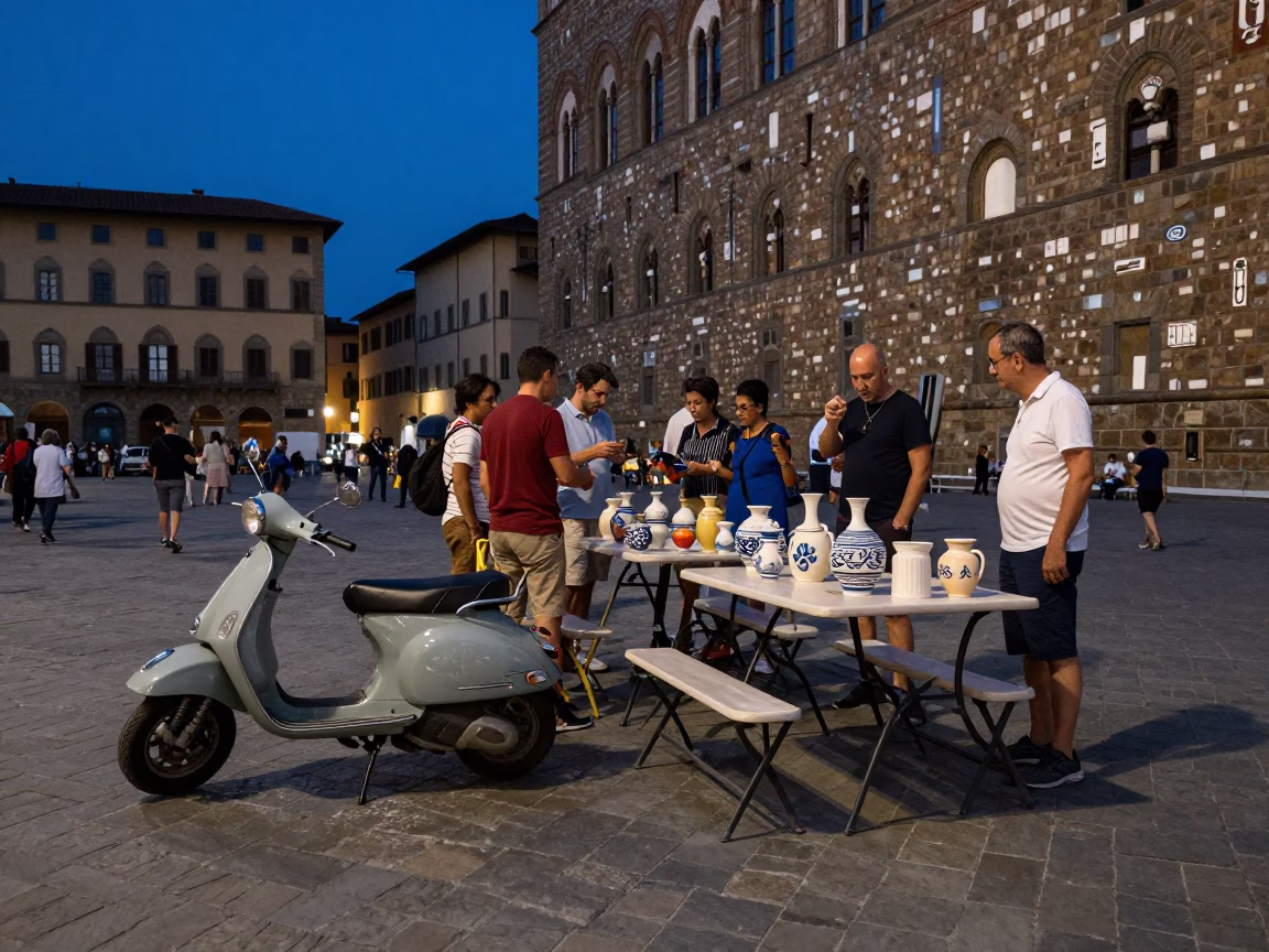 Twilight street scene in Florence Italy with vintage scooter and folding tables in in Florence, Italy