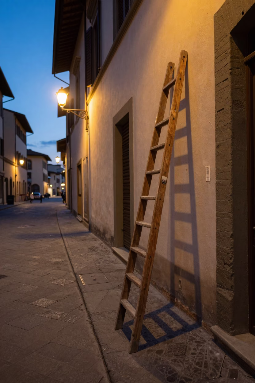 Twilight street scene in Florence Italy with wooden ladder and stair rail in in Florence, Italy