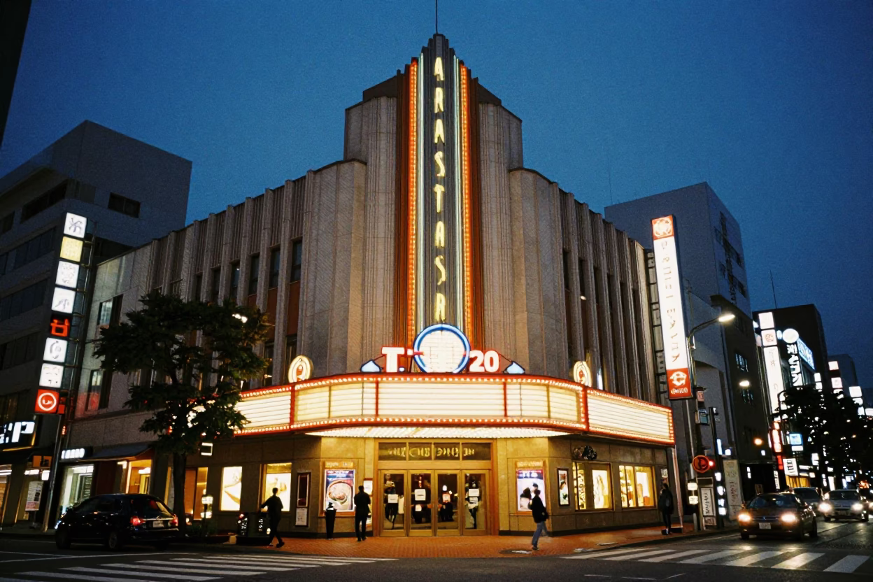 Twilight Street Scene in Fukuoka Japan with Art Deco Cinema Facade and Urban Life in in Fukuoka, Japan