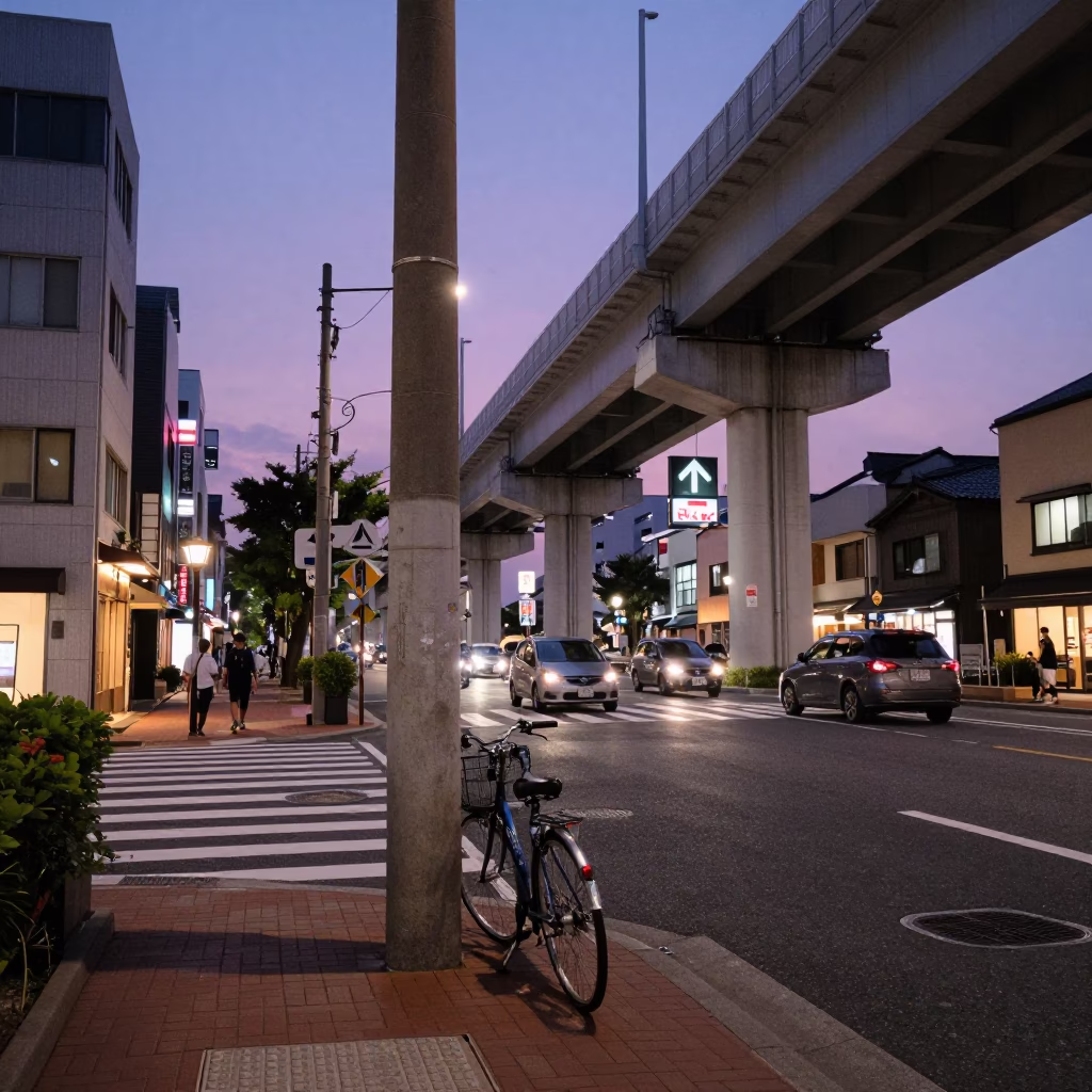 Twilight Street Scene in Fukuoka Japan with Bicycle and Overpass Interchange Ramp in in Fukuoka, Japan