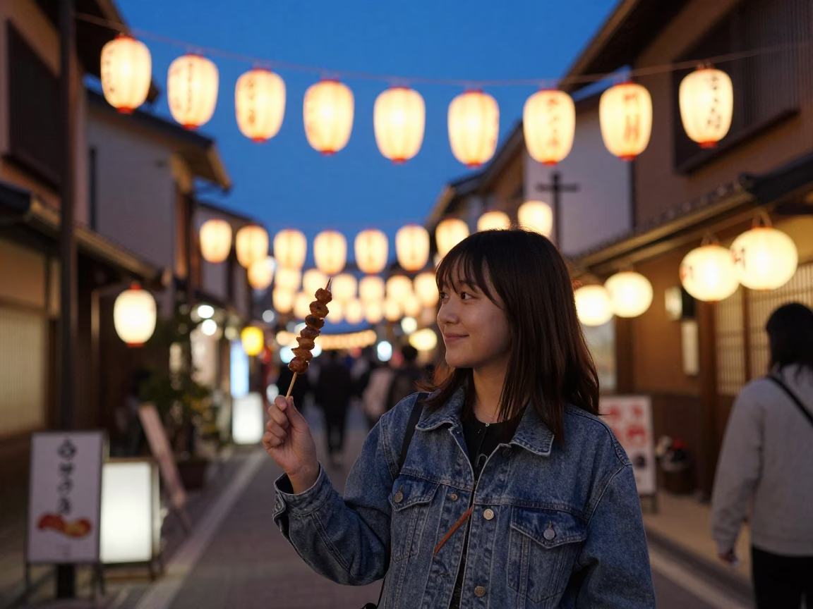Twilight Street Scene in Fukuoka Japan with Lantern Festival Atmosphere and Casual Pedestrians in in Fukuoka, Japan