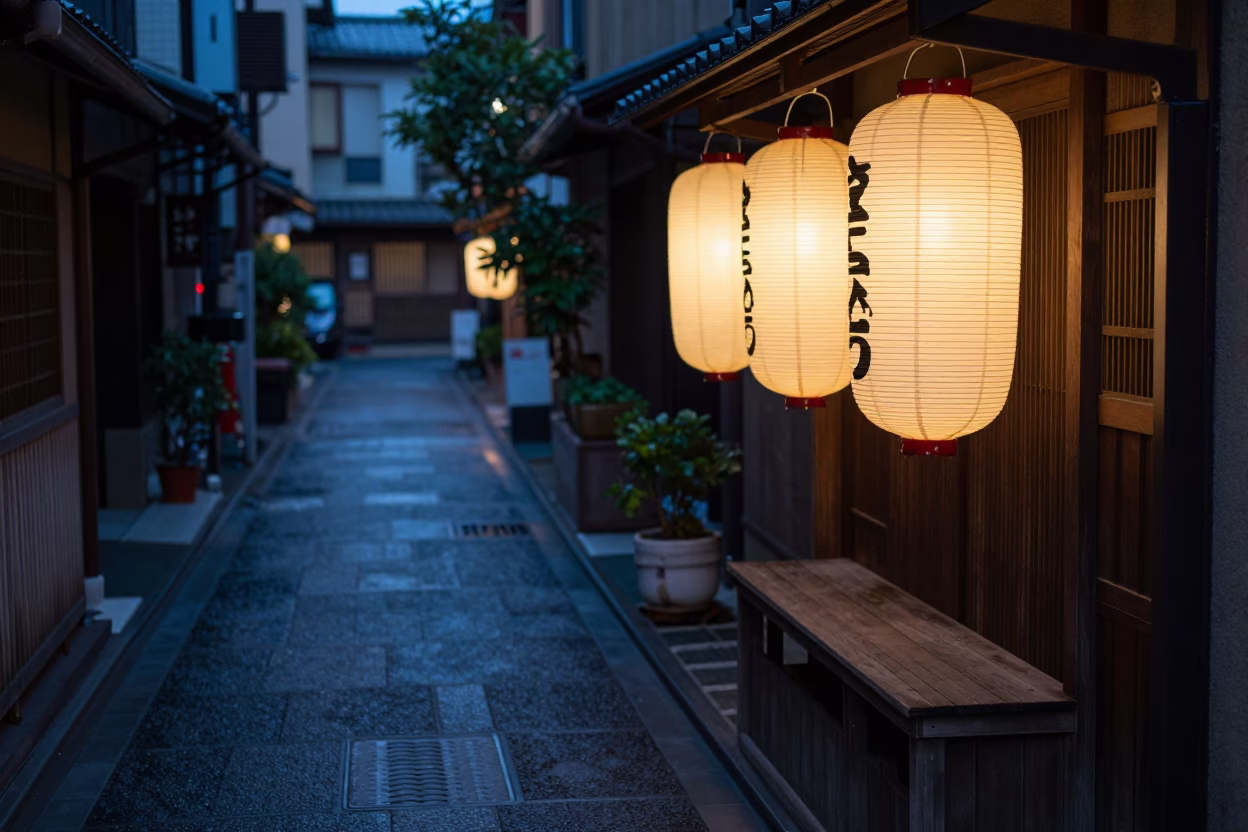 Twilight Street Scene in Fukuoka Japan with Lanterns and Dappled Shadows in in Fukuoka, Japan