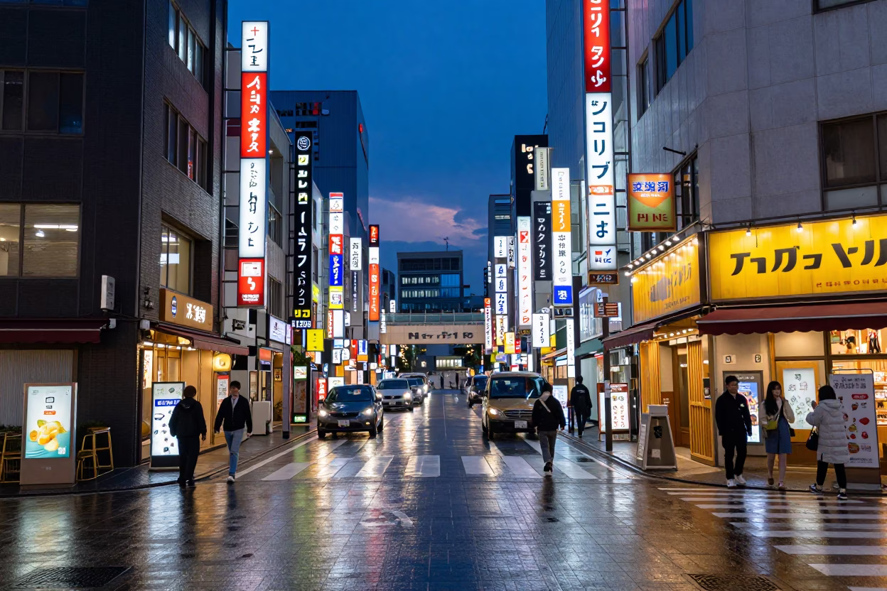 Twilight Street Scene in Fukuoka Japan with Neon Lights and Urban Architecture in in Fukuoka, Japan