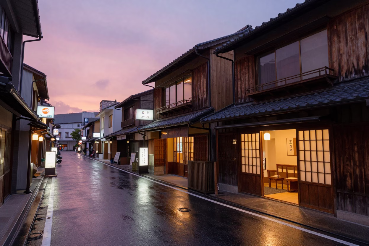 Twilight Street Scene in Fukuoka Japan with Neon Signs and Local Dining in in Fukuoka, Japan