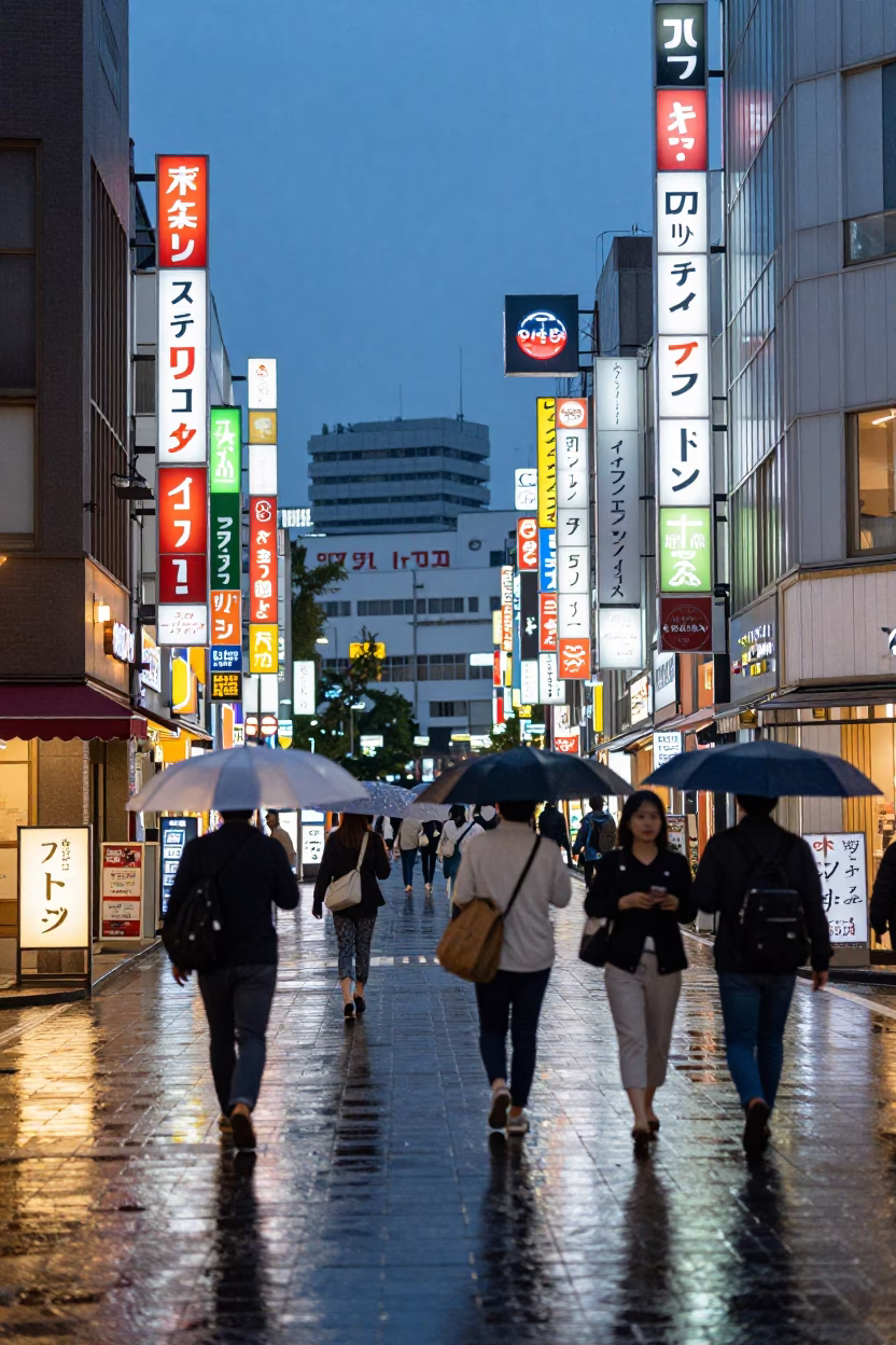 Twilight Street Scene in Fukuoka Japan with Neon Signs and Pedestrians in in Fukuoka, Japan