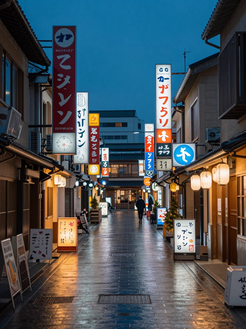Twilight Street Scene in Fukuoka Japan with Neon Signs and Traditional Lamps in in Fukuoka, Japan
