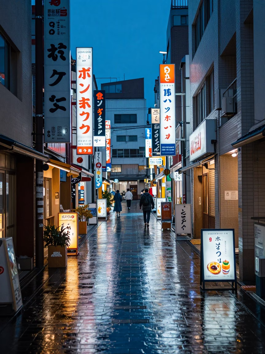 Twilight Street Scene in Fukuoka Japan with Neon Signs and Urban Details in in Fukuoka, Japan