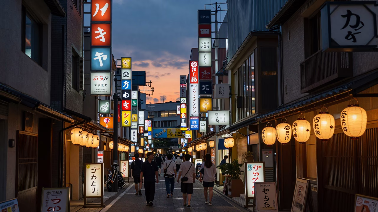 Twilight Street Scene in Fukuoka Japan with Neon Signs and Urban Life in in Fukuoka, Japan