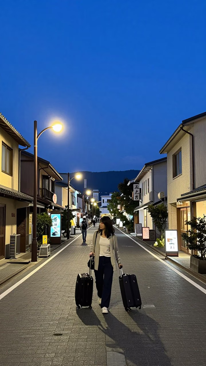 Twilight Street Scene in Fukuoka Japan with Suitcases and Local Life in in Fukuoka, Japan