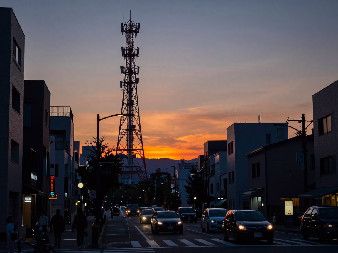 Twilight Street Scene in Fukuoka Japan with Telecommunication Mast and Urban Details in in Fukuoka, Japan