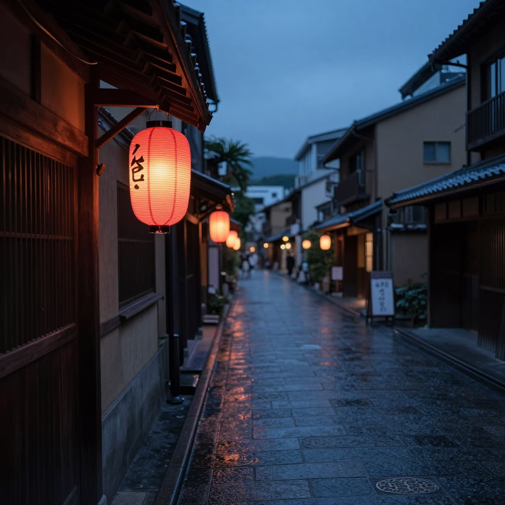 Twilight Street Scene in Fukuoka Japan with Traditional Lanterns and Urban Life in in Fukuoka, Japan