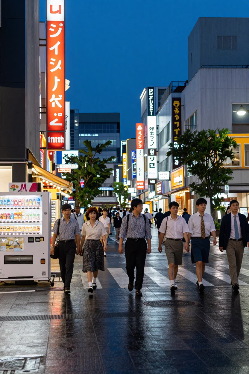 Twilight street scene in Fukuoka Japan with vending machines and pedestrians in in Fukuoka, Japan