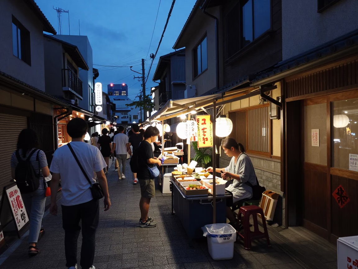 Twilight Street Scene in Fukuoka Japan with Vendor and Customers in in Fukuoka, Japan