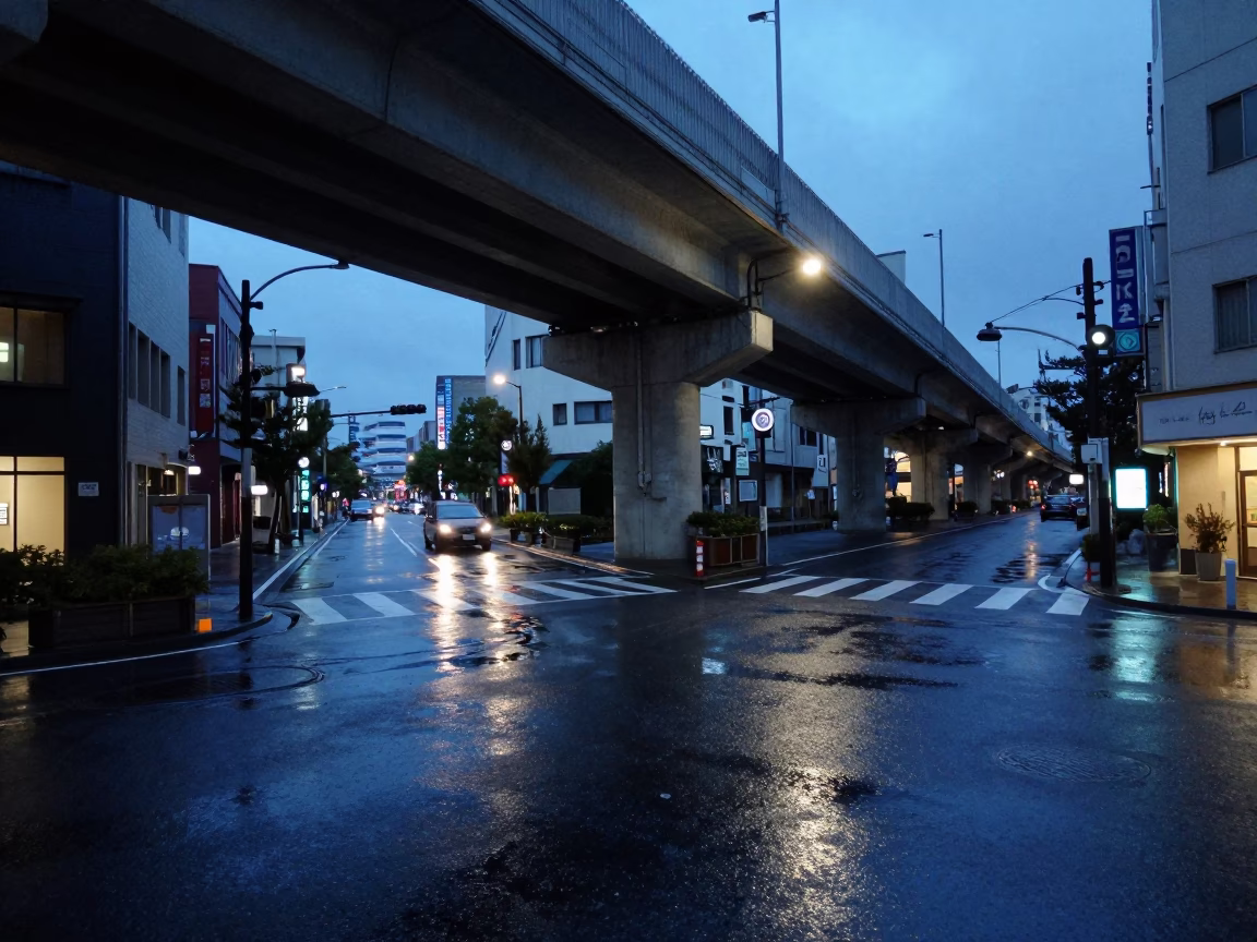 Twilight street scene in Fukuoka Japan with wet pavement reflections and urban architecture in in Fukuoka, Japan