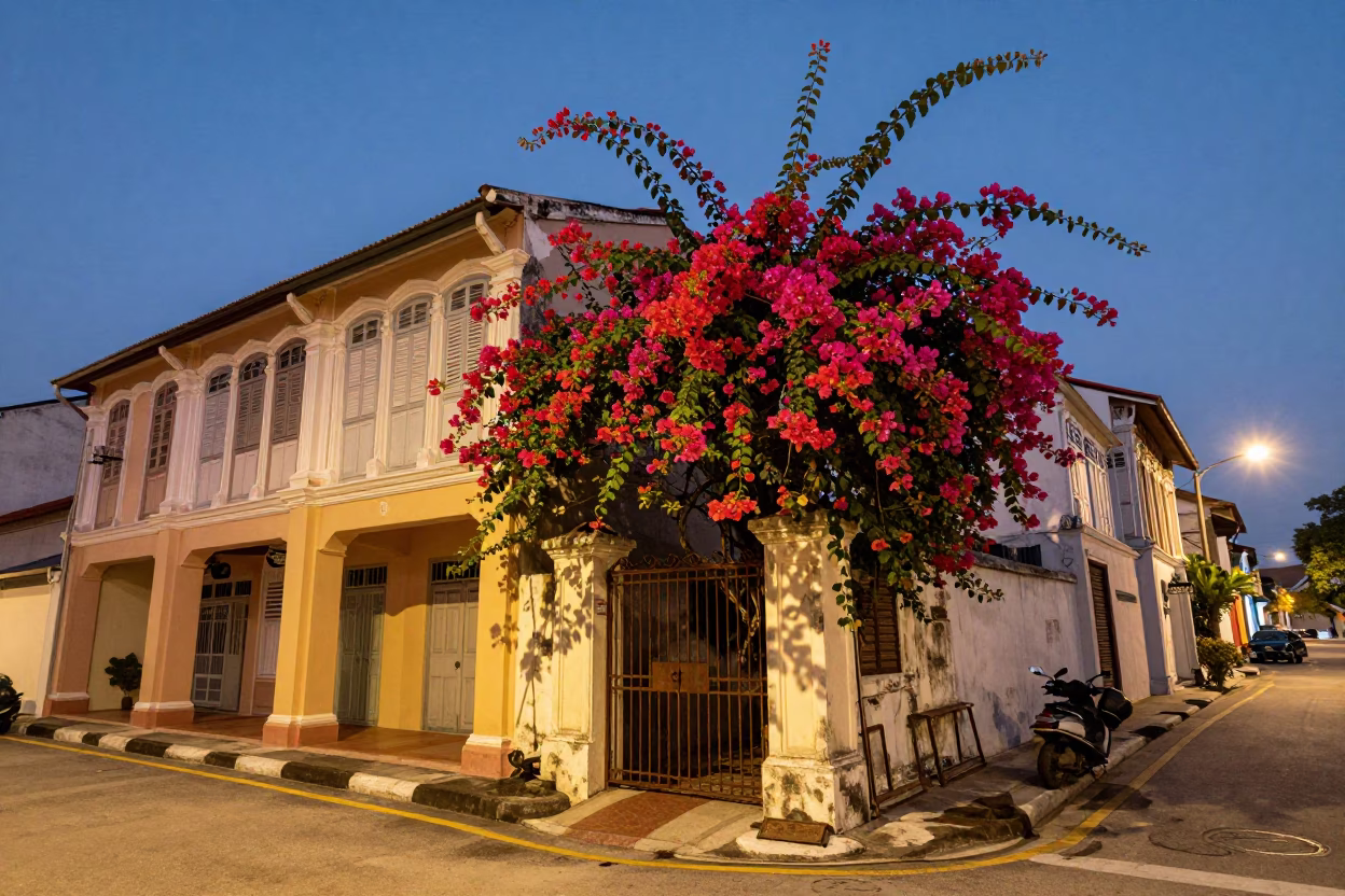 Twilight Street Scene in George Town Malaysia with Bougainvillea and Vintage Architecture in in George Town, Malaysia